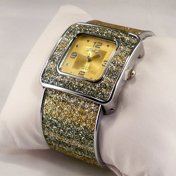 New Vintage Strada Gold Green Crystal Cuff Watch main image 5